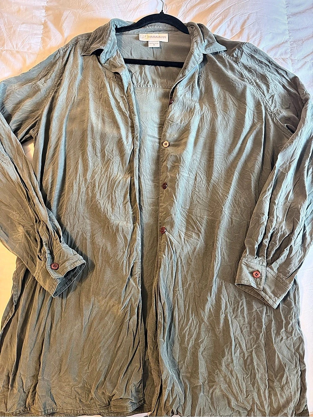 Nygard Collection 100% Silk Tie-Waist Olive Green Shirt Dress Burgundy Buttons